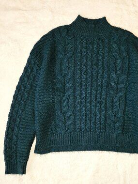 Major Women's Dark Green Soft Fluffy Sweater Textured Cable Knit Stand Collar L